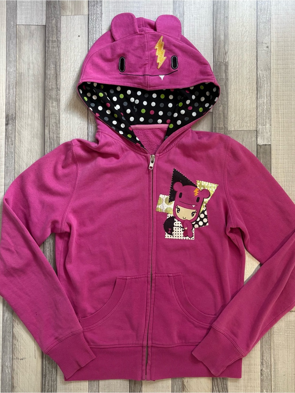 Girls' Magenta Character Zip-Up Hoodie with Ear-Detail Hood
